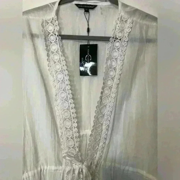 Club Z Collection Women 2X White Cotton Swim Crochet Lace Drawstring Cover Up - Picture 3 of 12